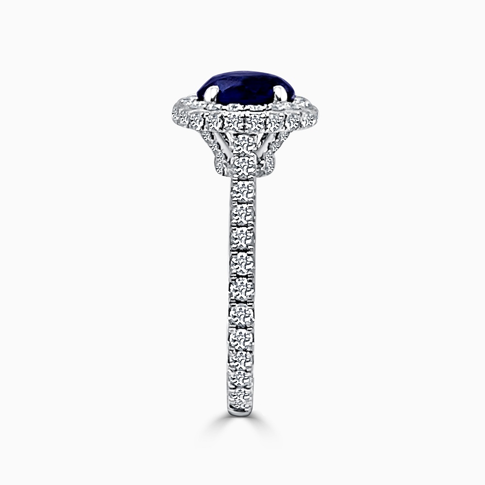 Platinum Round Brilliant Luxe Halo Diamond Ring With Sapphire