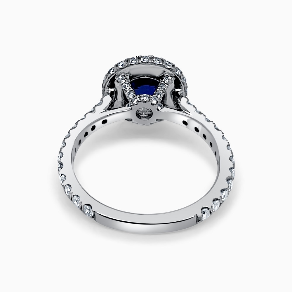Platinum Round Brilliant Luxe Halo Diamond Ring With Sapphire