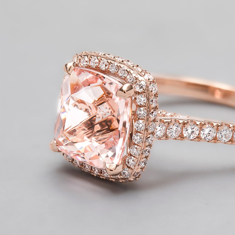 18ct Rose Gold Cushion Shape Morganite Diamond Halo Ring