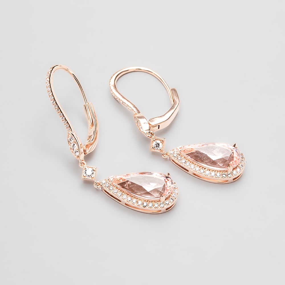 18ct Rose Gold Pear Shape Morganite Diamond Set Halo Drop Earrings