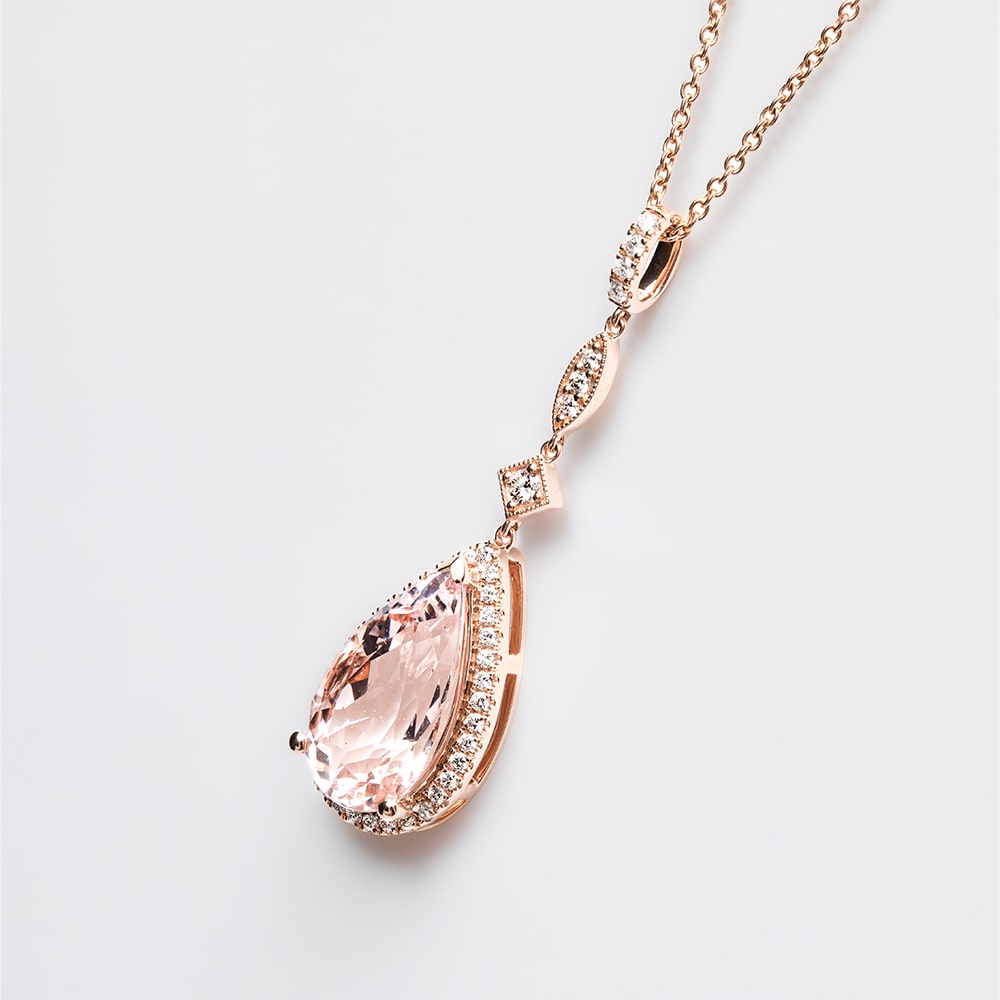 18ct Rose Gold Pear Shape Morganite Diamonds Set Halo Pendant
