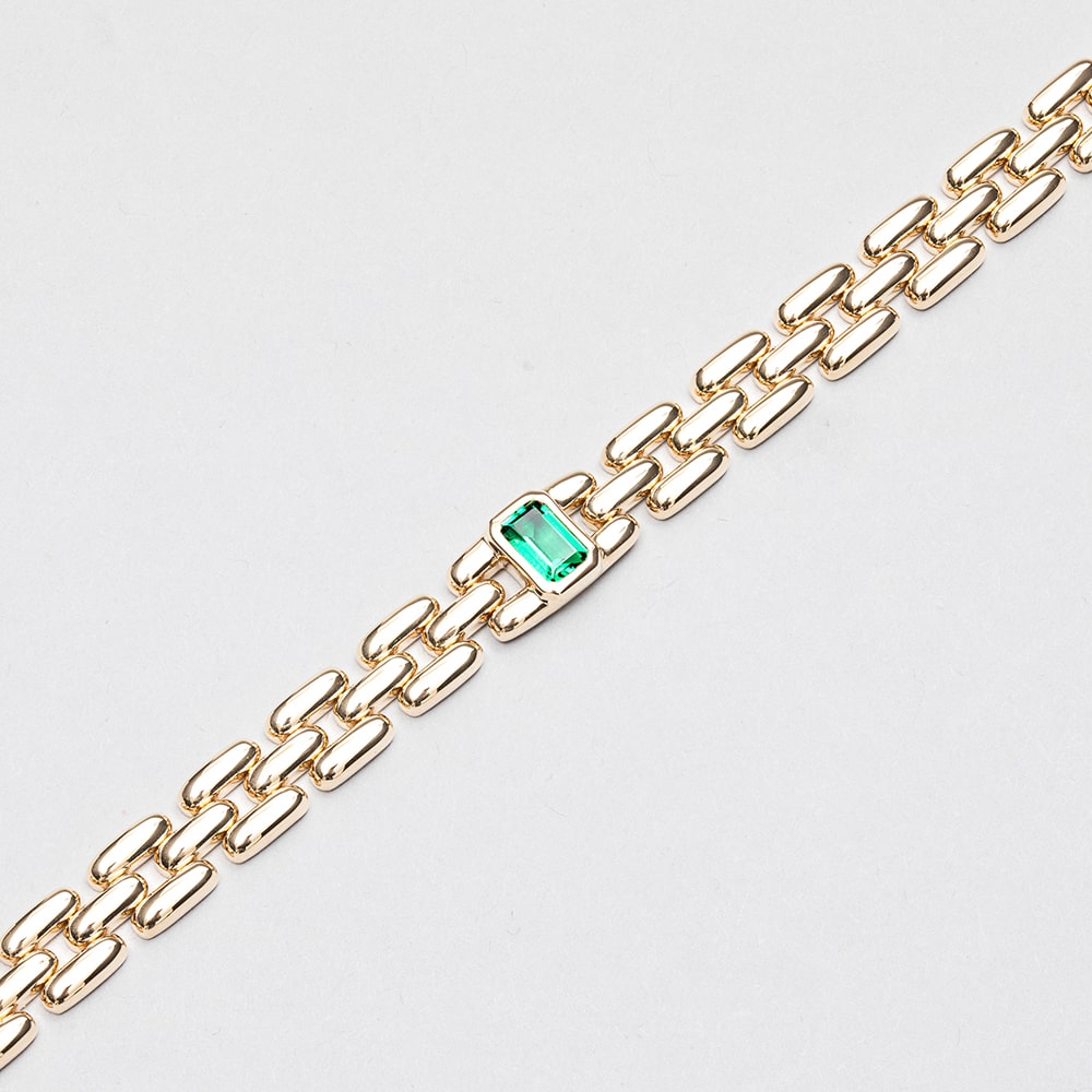14ct Yellow Gold Three Row Link Bracelet with Rub-Set Emerald Cut Lab Emerald