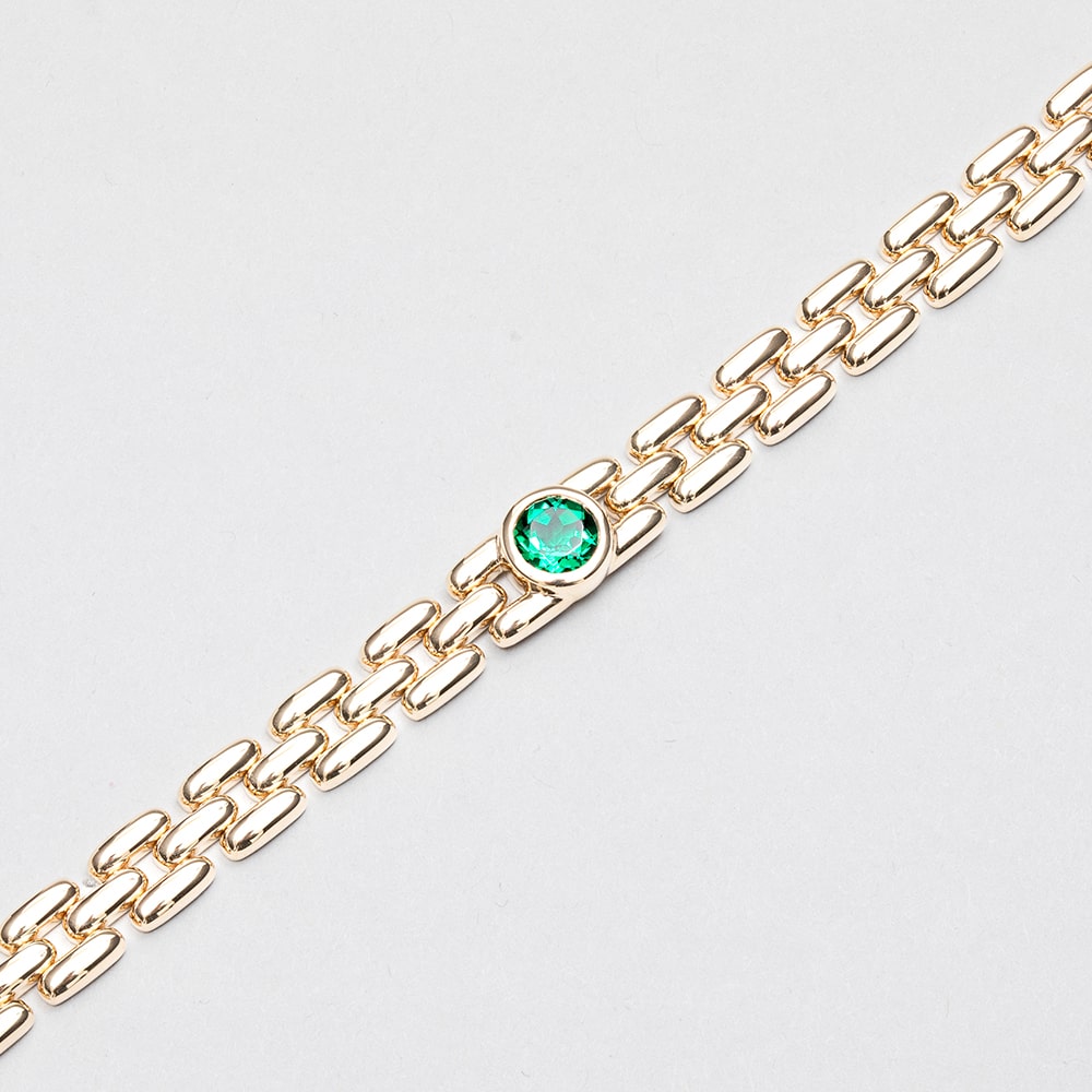 14ct Yellow Gold Three Row Link Bracelet with Rub-Set Round Lab Emerald