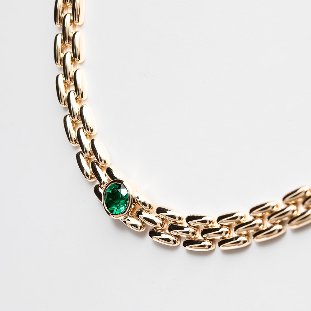 14ct Yellow Gold Three Row Link Necklace with Rub-Set Round Lab Emerald