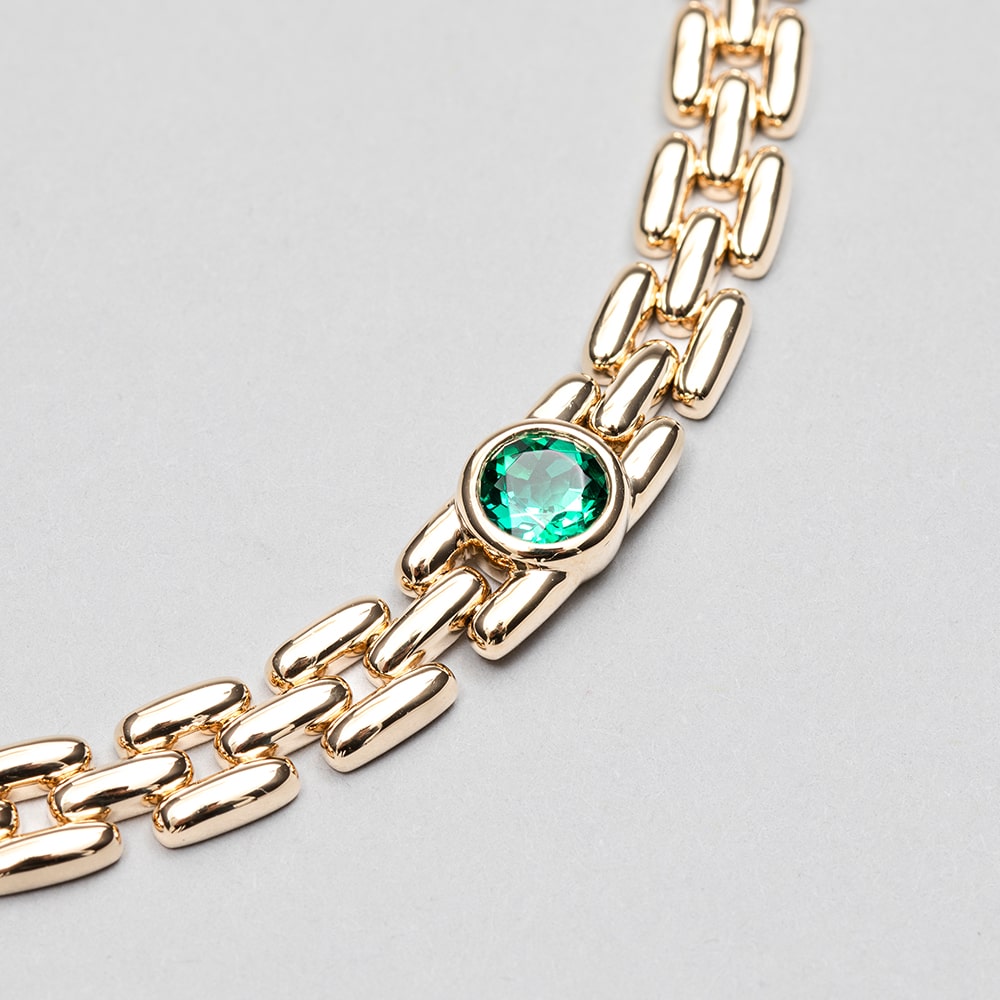 14ct Yellow Gold Three Row Link Necklace with Rub-Set Round Lab Emerald