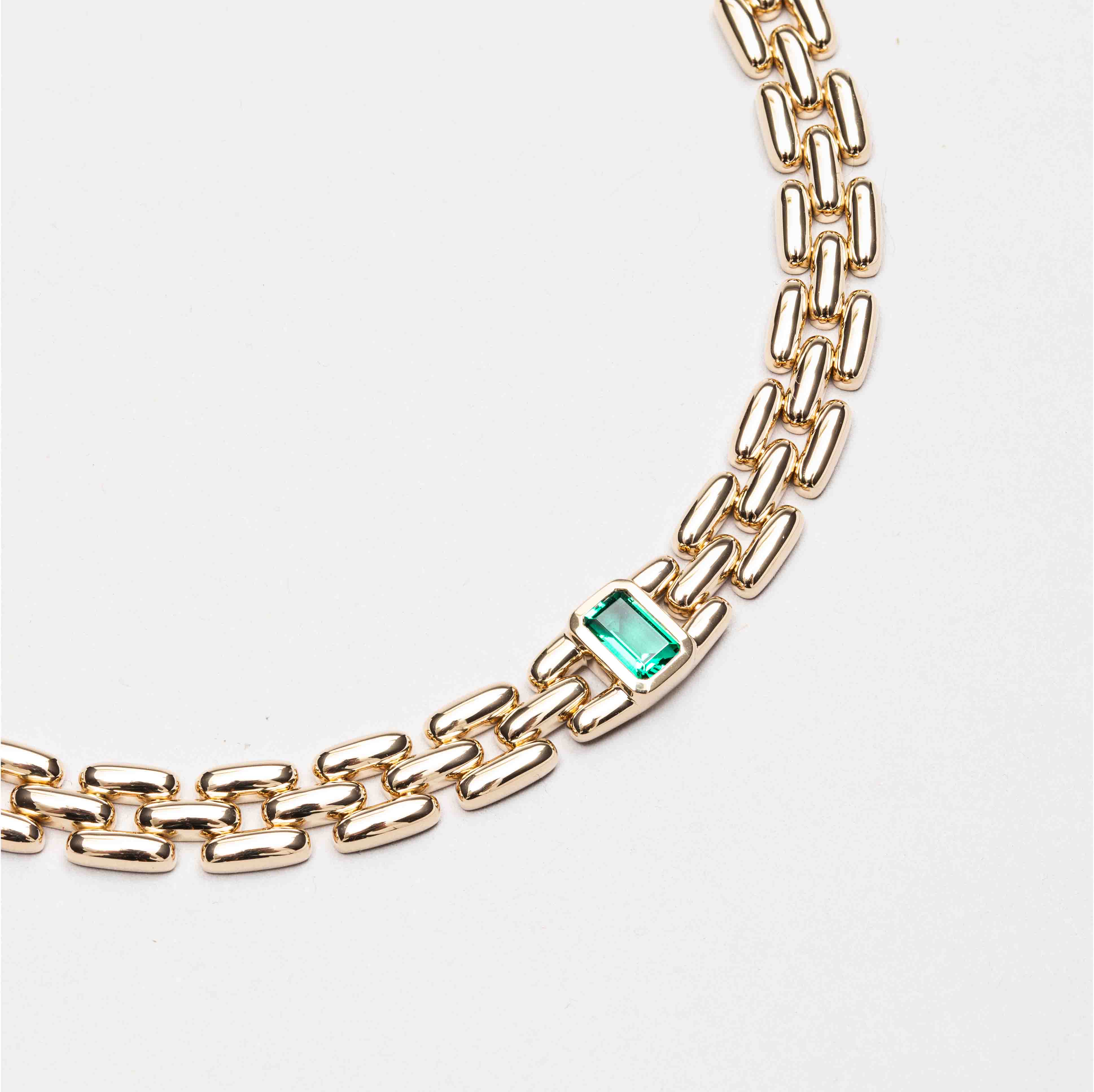 14ct Yellow Gold Three Row Link Necklace with Rub-Set Emerald Cut Lab Emerald