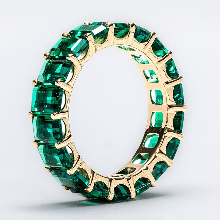 18ct Yellow Gold Emerald Cut Lab Grown Emerald Claw Set Full Eternity Ring