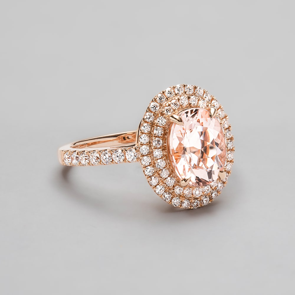 18ct Rose Gold Oval Morganite & Diamond Double Halo Ring