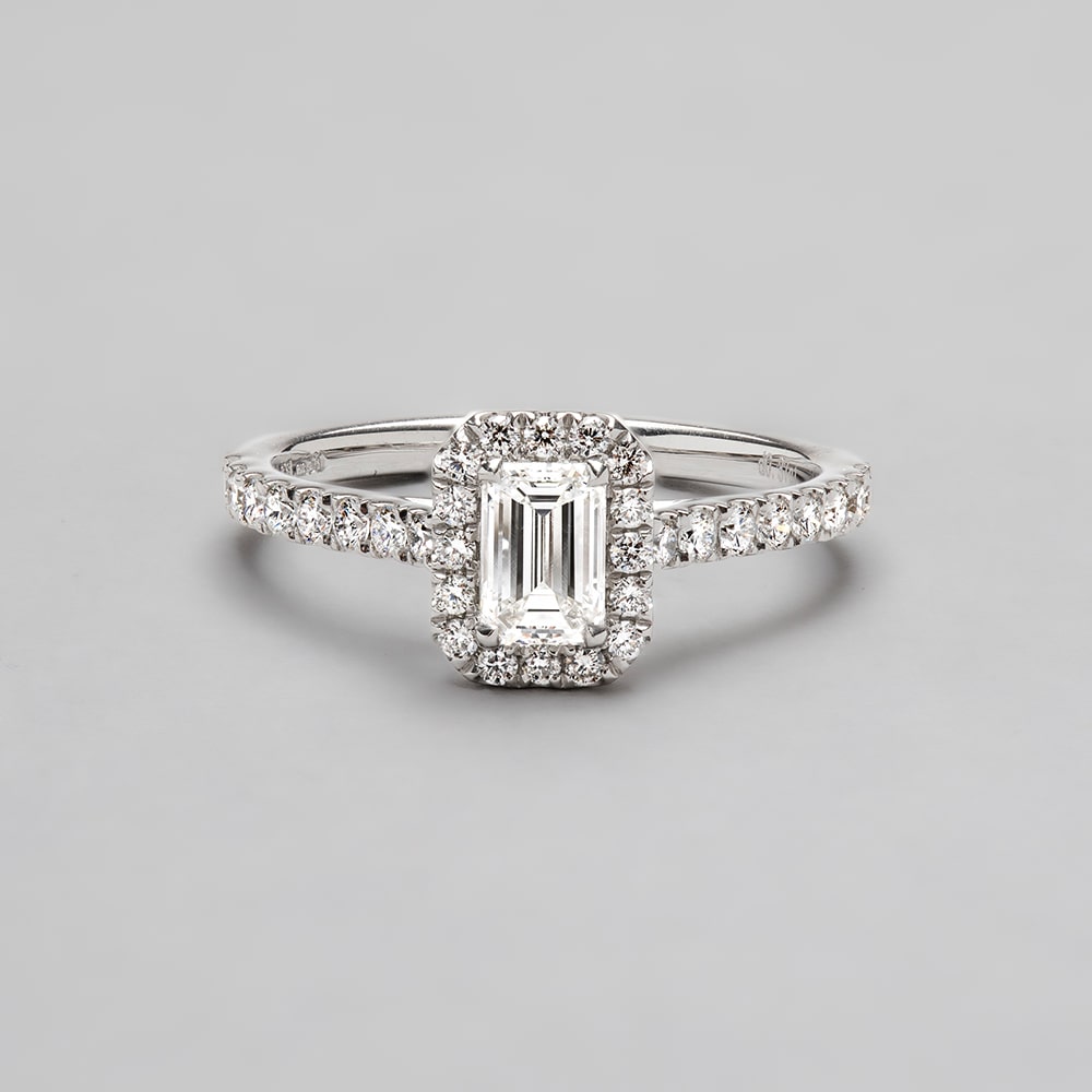 Platinum 950 Emerald Cut Classic Wedfit Halo Engagement Ring with Emerald, 0.48ct, E Colour, VVS2 Clarity - GIA