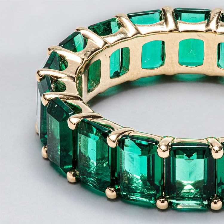 18ct Yellow Gold Emerald Cut Lab Emerald Claw Set Full Eternity Ring