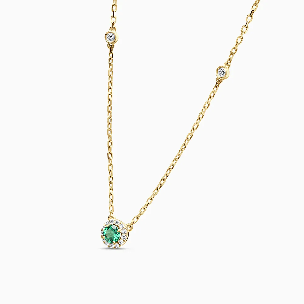 [PDP7406] 18ct Yellow Gold 4mm Lab Grown Emerald Halo Pendant With Spectacle Set Diamond Chain