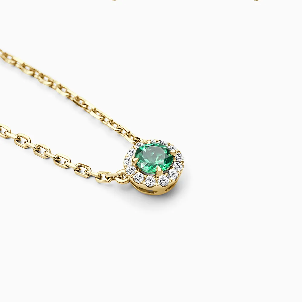 [PDP7406] 18ct Yellow Gold 4mm Lab Grown Emerald Halo Pendant With Spectacle Set Diamond Chain