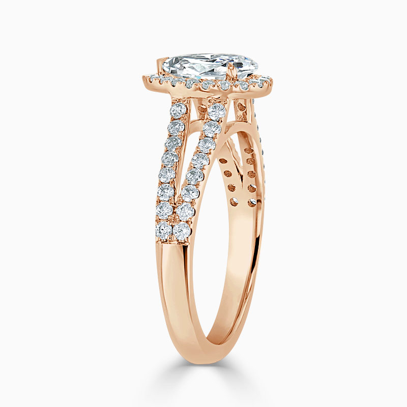 18ct Rose Gold Pear Shape Split Shoulder Halo Engagement Ring