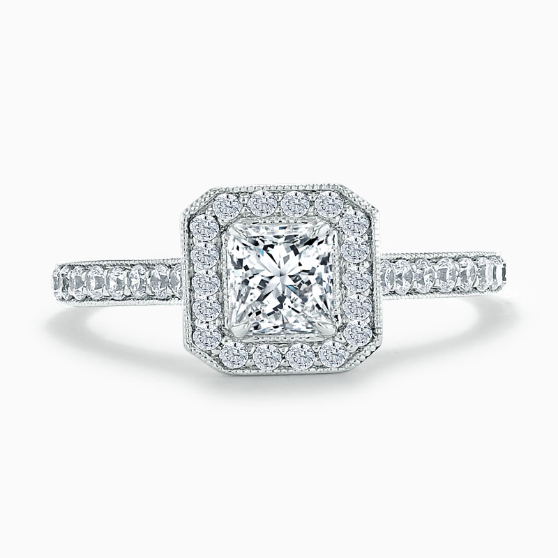 Platinum Princess Cut Vintage Pavé Halo Engagement Ring