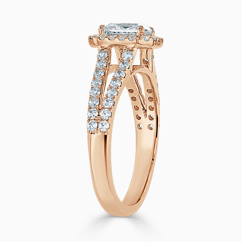 18ct Rose Gold Radiant Cut Split Shoulder Halo Engagement Ring