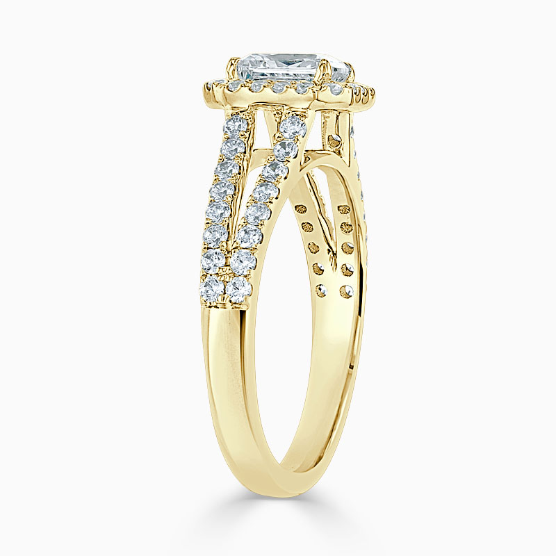 18ct Yellow Gold Radiant Cut Split Shoulder Halo Engagement Ring