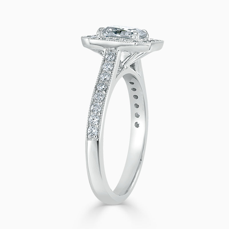18ct White Gold Radiant Cut Vintage Pavé Halo Engagement Ring