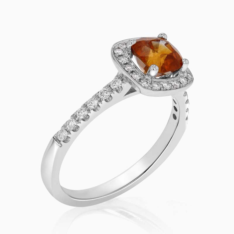 18ct White Gold Cushion Cut Orange Sapphire and Diamond Pavé Halo Ring