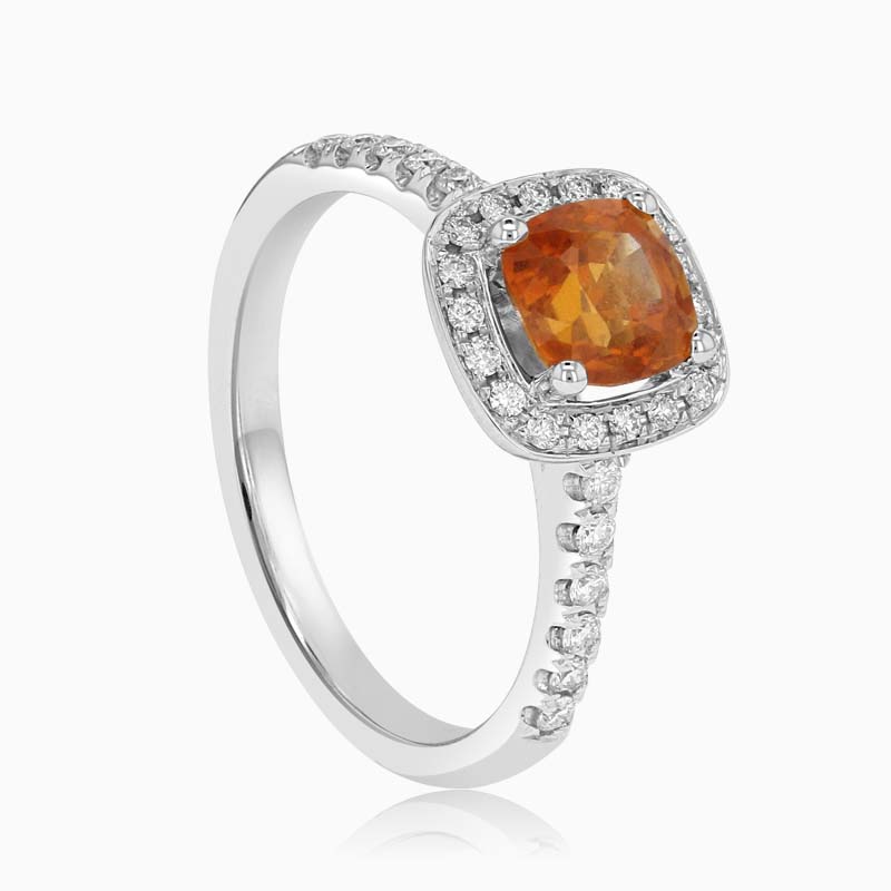 18ct White Gold Cushion Cut Orange Sapphire and Diamond Pavé Halo Ring