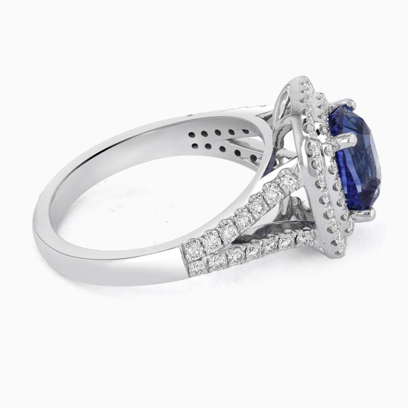 18ct White Gold Blue Sapphire and Diamond Double Halo Ring