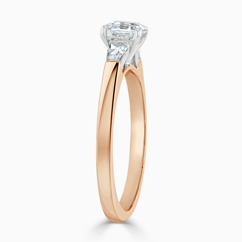 18ct Rose Gold Asscher Cut 3 Stone with Tapers Engagement Ring