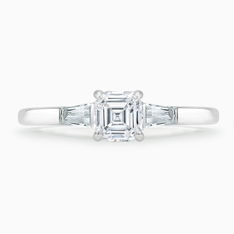 18ct White Gold Asscher Cut 3 Stone with Tapers Engagement Ring