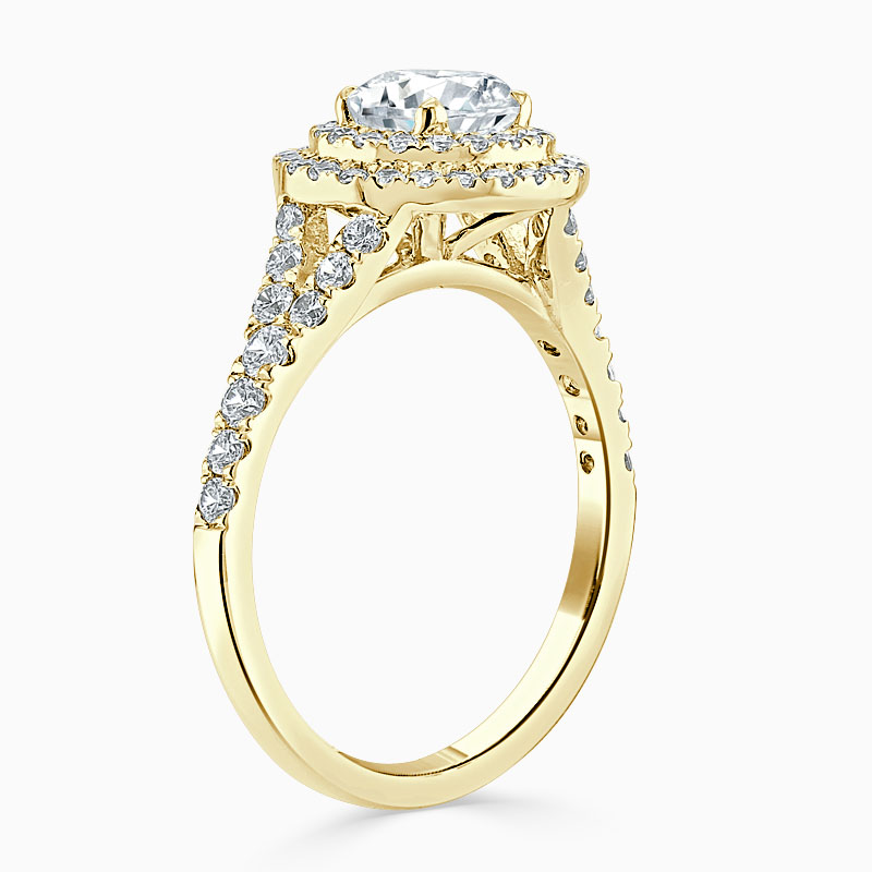 18ct Yellow Gold Round Brilliant Double Halo Split Shoulder Engagement Ring