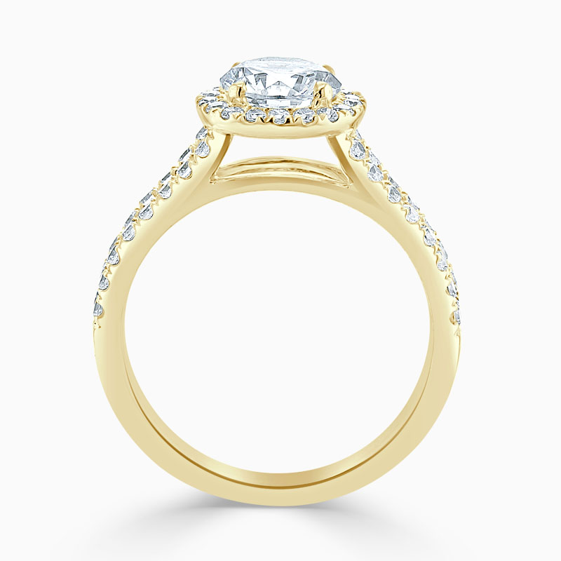 18ct Yellow Gold Round Brilliant Split Shoulder Halo Engagement Ring
