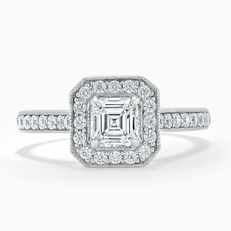 18ct White Gold Asscher Cut Vintage Pavé Halo Engagement Ring