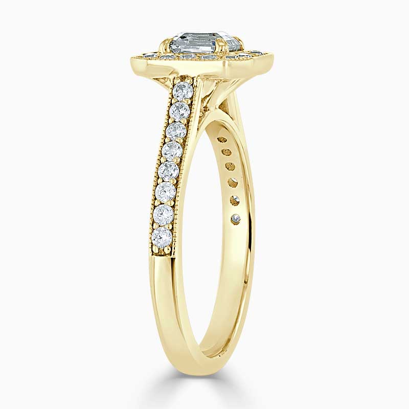 18ct Yellow Gold Asscher Cut Vintage Pavé Halo Engagement Ring
