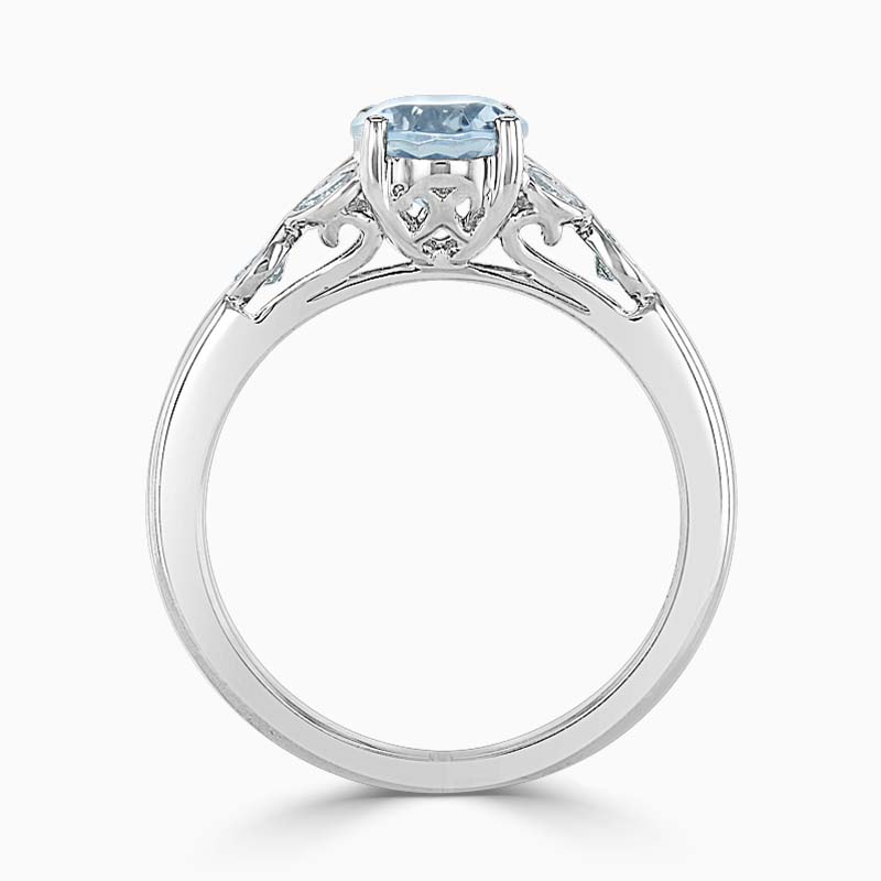 18ct White Gold Oval Shape Aquamarine & Diamond Leaf Design Shoulder Ring