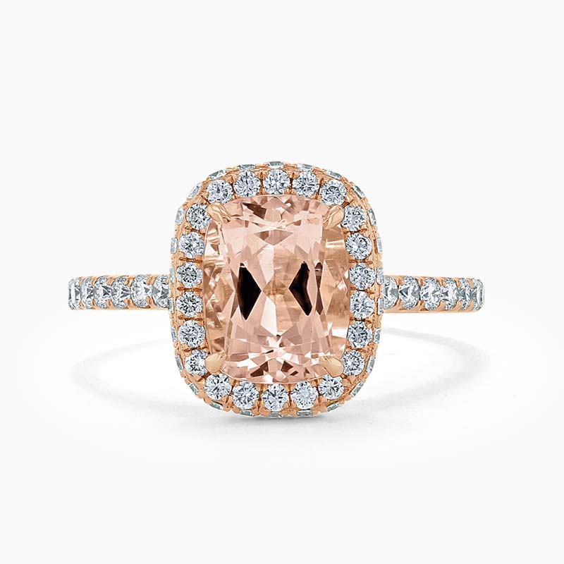 18ct Rose Gold Cushion Cut Morganite & Diamond Halo Ring