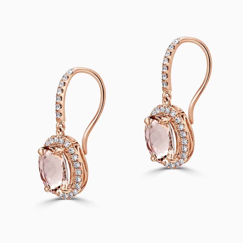 18ct Rose Gold Oval Morganite & Diamond Halo Drop Earrings