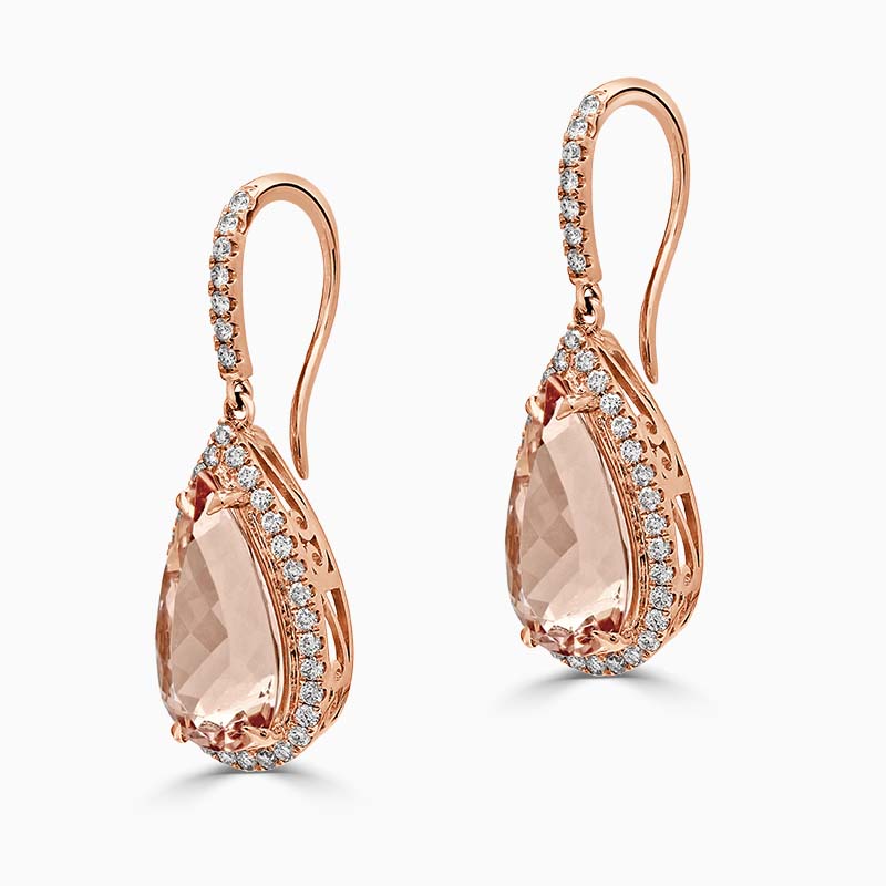 18ct Rose Gold Pear Morganite & Diamond Halo Drop Earrings