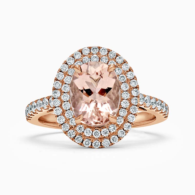 18ct Rose Gold Oval Morganite & Diamond Double Halo Ring