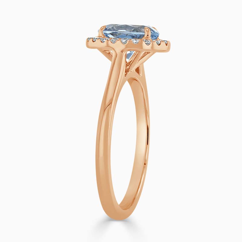 18ct Rose Gold Oval Shape Aquamarine & Diamond Cutdown Halo Ring
