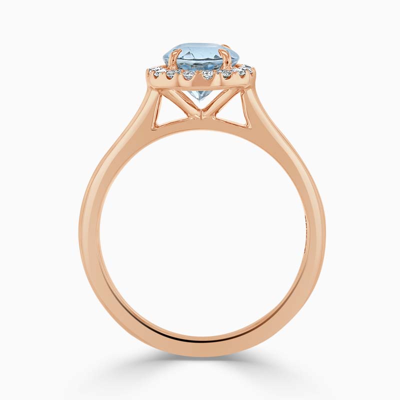 18ct Rose Gold Oval Shape Aquamarine & Diamond Cutdown Halo Ring