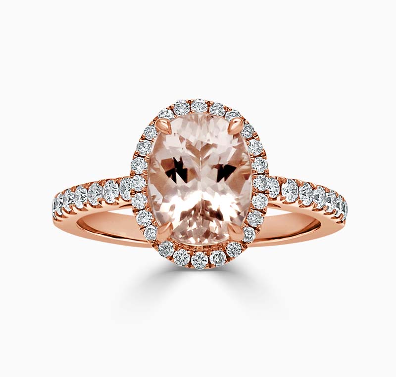 18ct Rose Gold Oval Morganite & Diamond Halo Ring