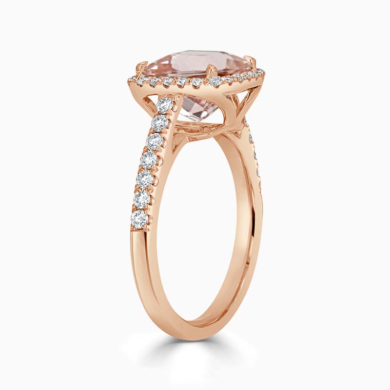 18ct Rose Gold Cushion Morganite & Diamond Halo Ring
