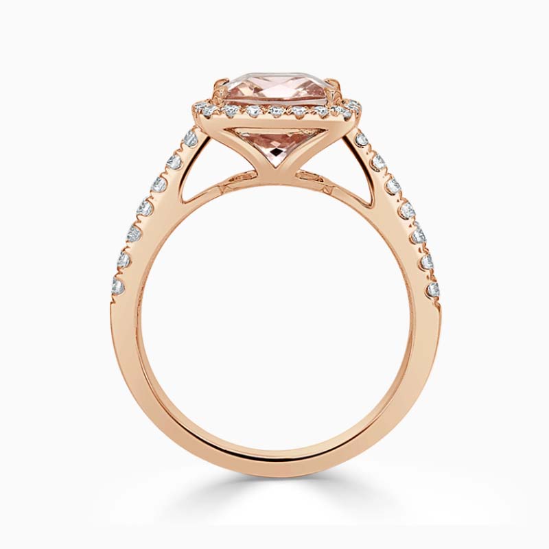 18ct Rose Gold Cushion Morganite & Diamond Halo Ring