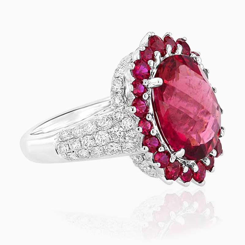 18ct White Gold Oval Rubellite, Ruby and Diamond Ring