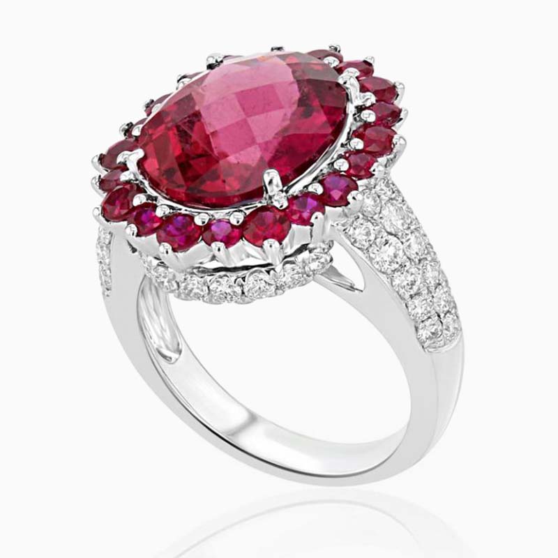 18ct White Gold Oval Rubellite, Ruby and Diamond Ring