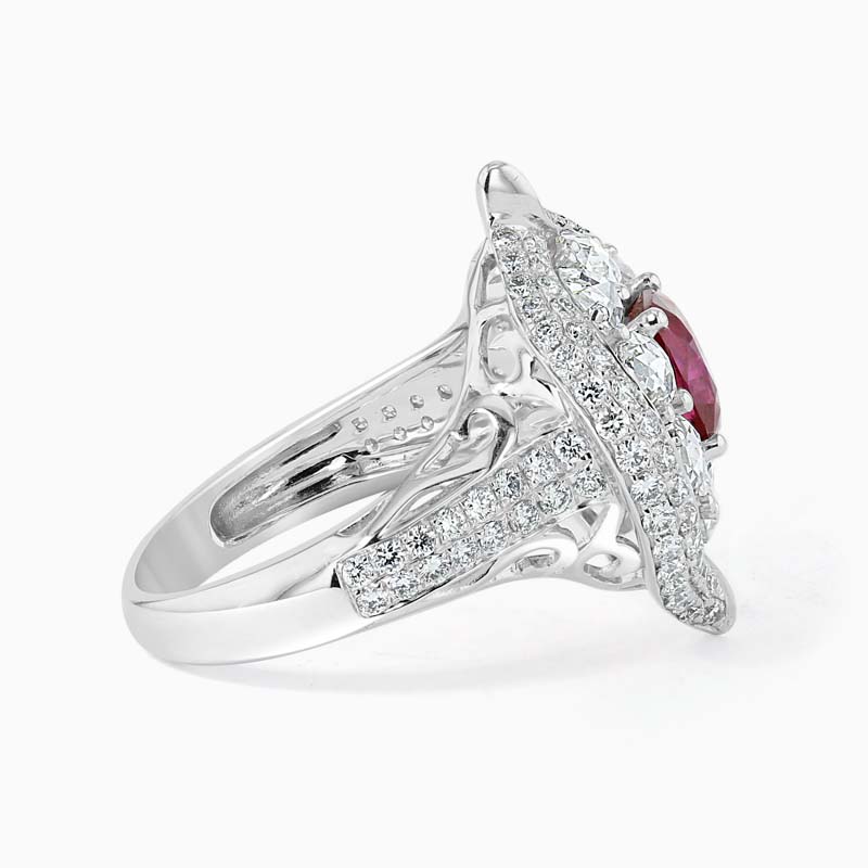 18ct White Gold Cushion Ruby & Rose Cut Diamond Dress Ring