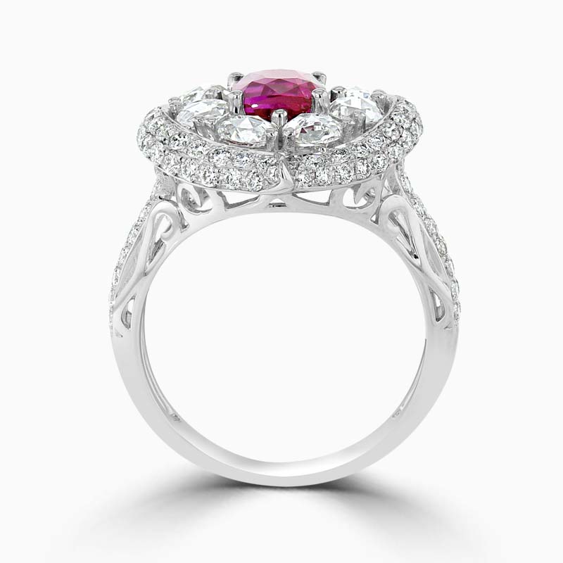 18ct White Gold Cushion Ruby & Rose Cut Diamond Dress Ring