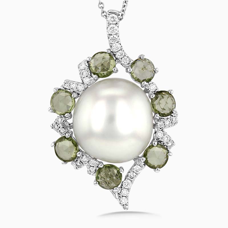 18ct White Gold Pearl, Green Sapphire and Diamond Pendant