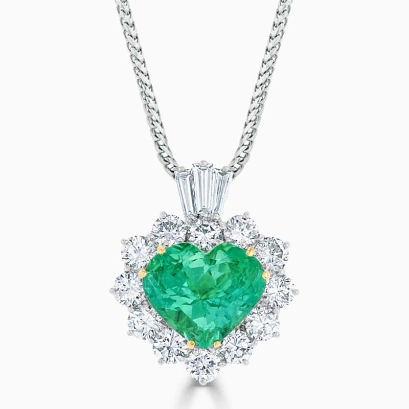 18ct White Gold Emerald & Diamond Heart Shaped Pendant