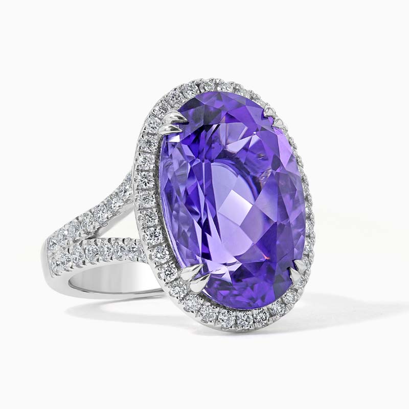 18ct White Gold Oval Amethyst and Diamond Pave Halo Dress Ring