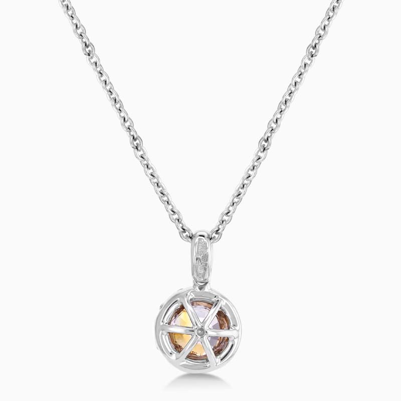 18ct White Gold Padparadscha Sapphire and Diamond Halo Pendant with Chain