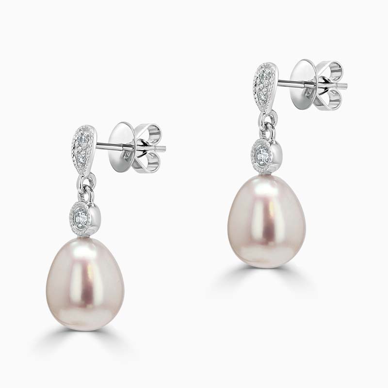 18ct White Gold Teardrop Freshwater Pearl & Diamond Drop Earrings