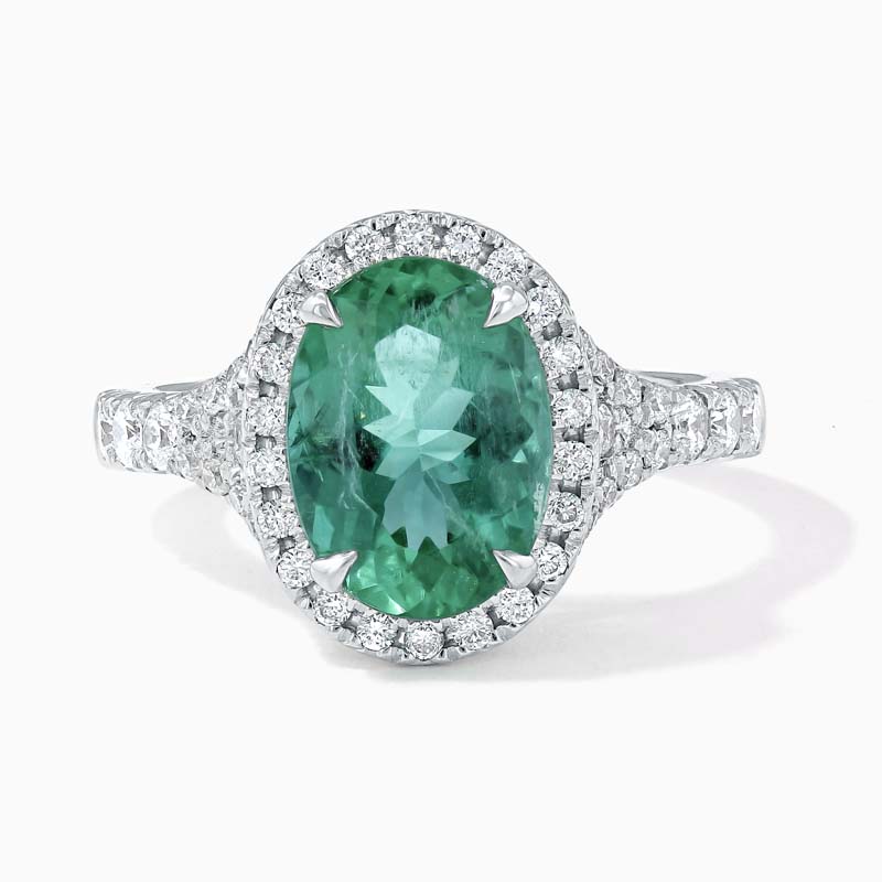 18ct White Gold Oval Shape Green Emerald & Diamond Dress Ring
